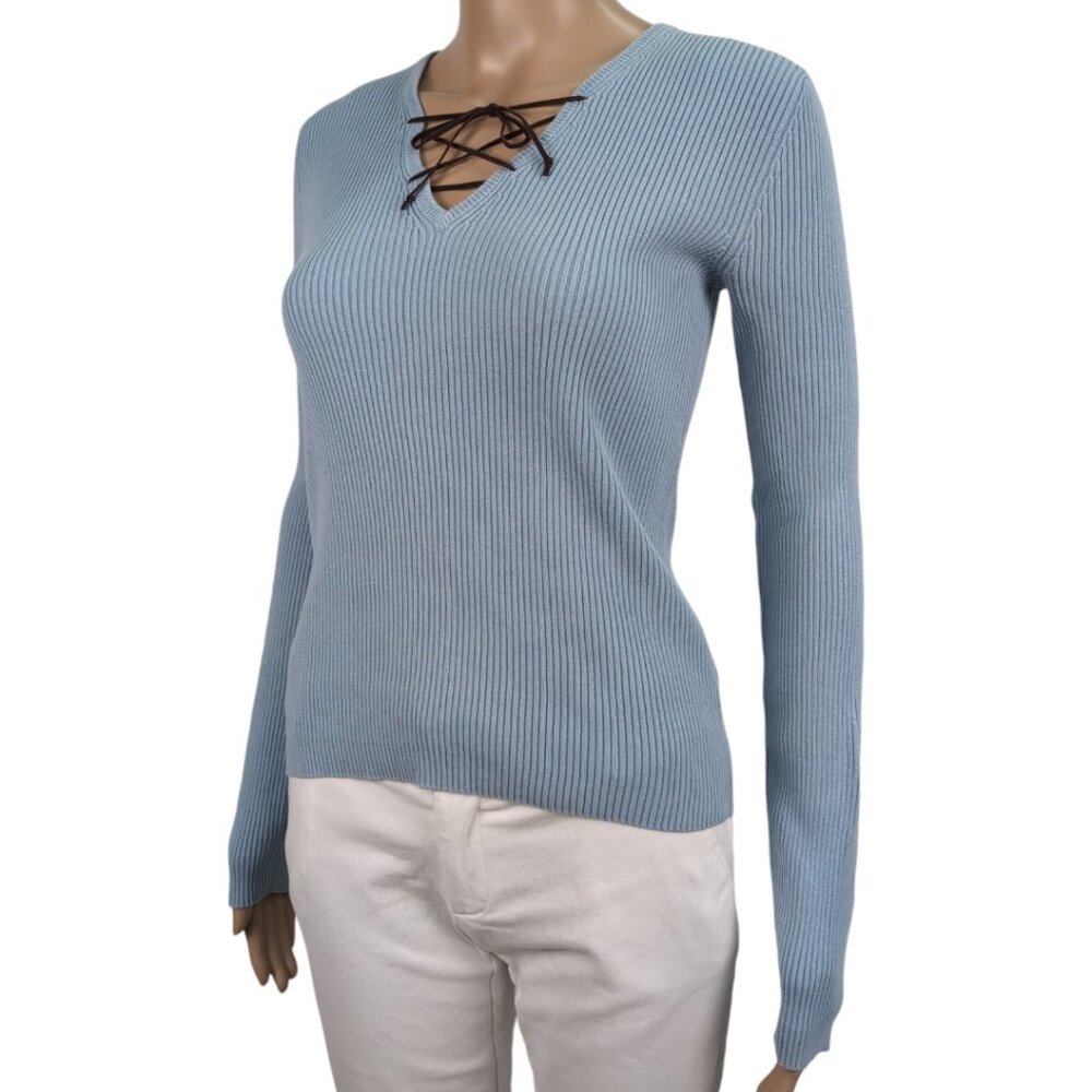 Blue Ribbed Lace Up Top V-Neck Long Sleeve Womens M by Old Navy Stretchy Casual